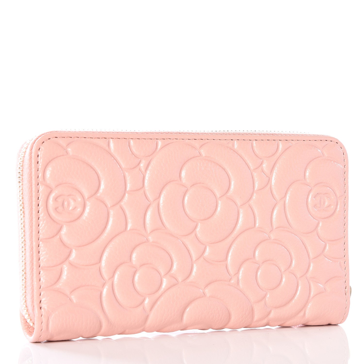 Chanel Caviar Camellia Embossed Small Zip Around Wallet Pink 2 of 11