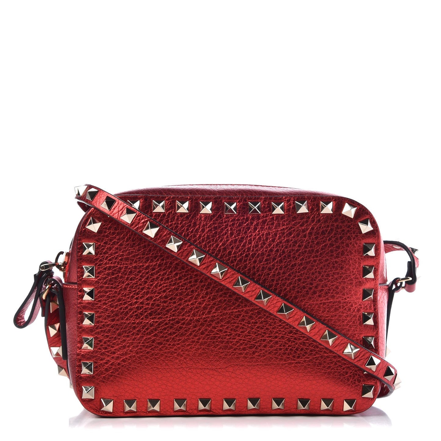 Metallic Pebbled Calfskin Rockstud Camera Crossbody Bag Rosso Valentino