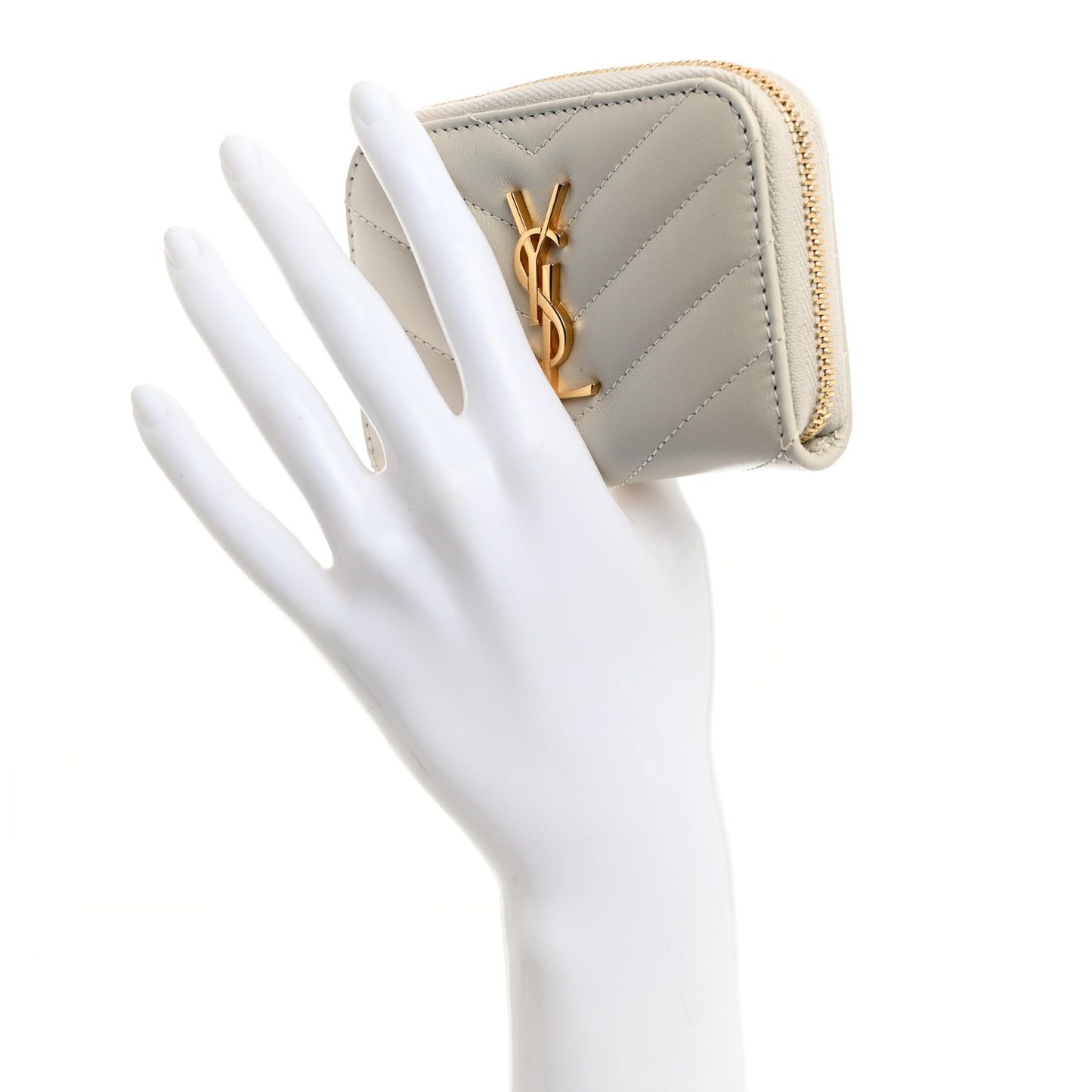 Lambskin Matelasse Chevron Monogram Cassandre Compact Zip Around Card Wallet Crema Soft