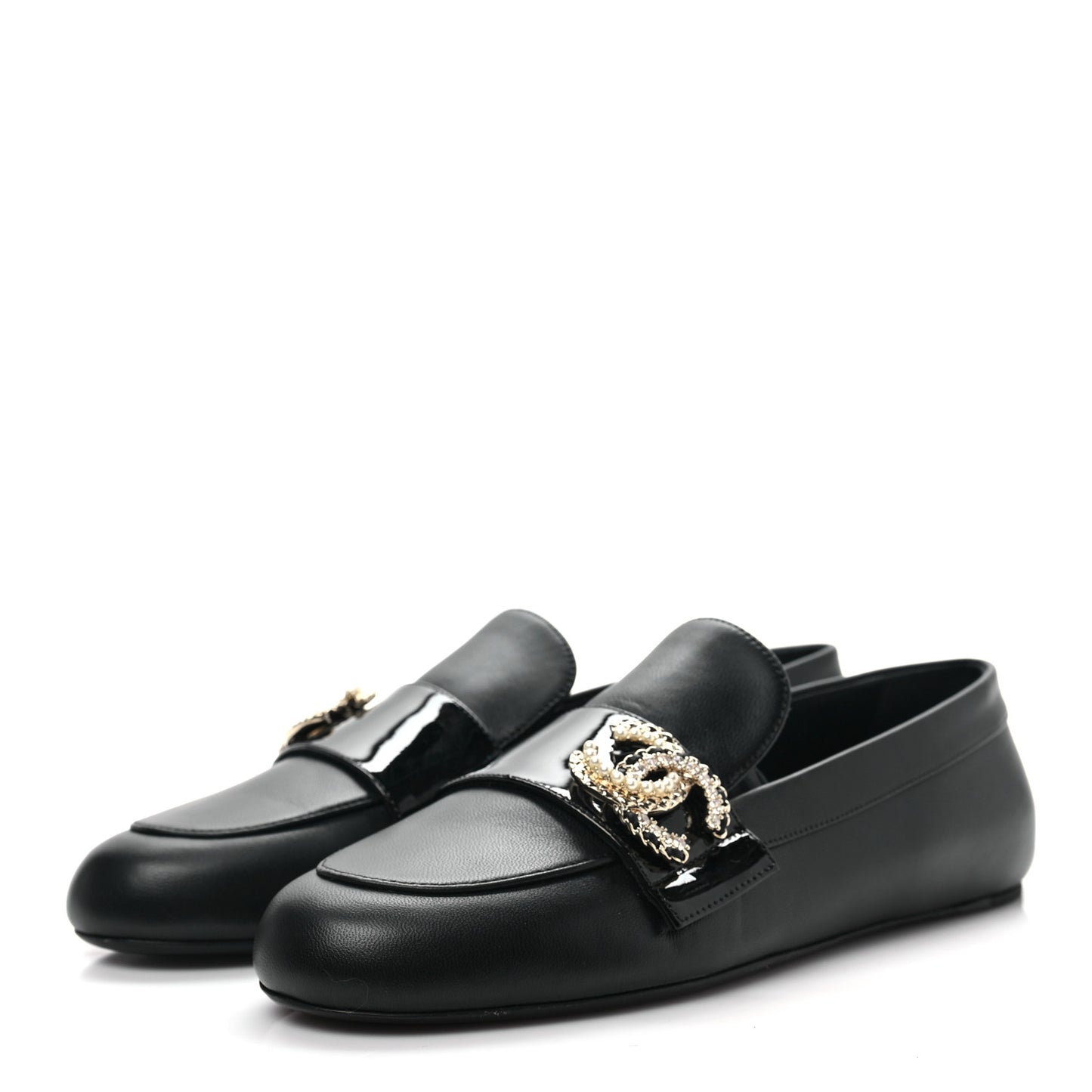Patent Calfskin Lambskin Crystal CC Loafers 37.5 Black