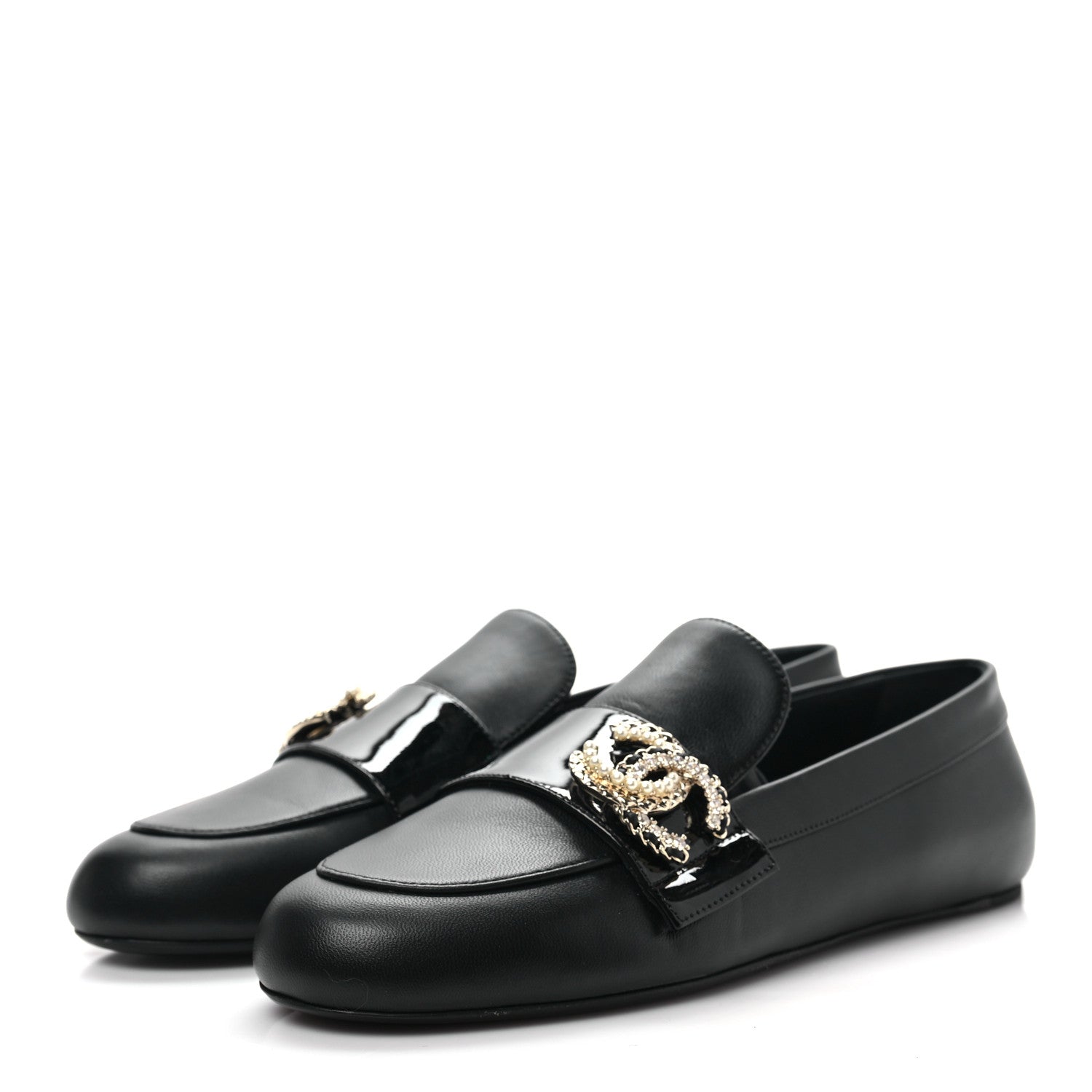 Chanel Patent Calfskin Lambskin Crystal CC Loafers 37.5 Black 3 of 9