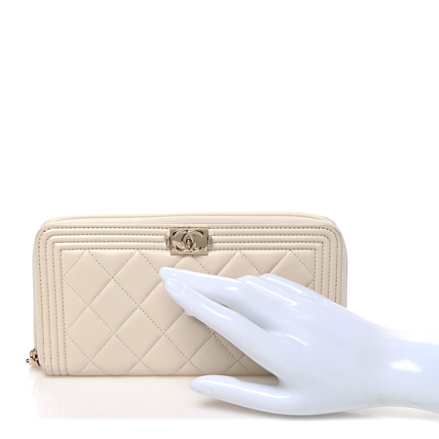 Metallic Lambskin Quilted Boy Zip Around Wallet  Ivory