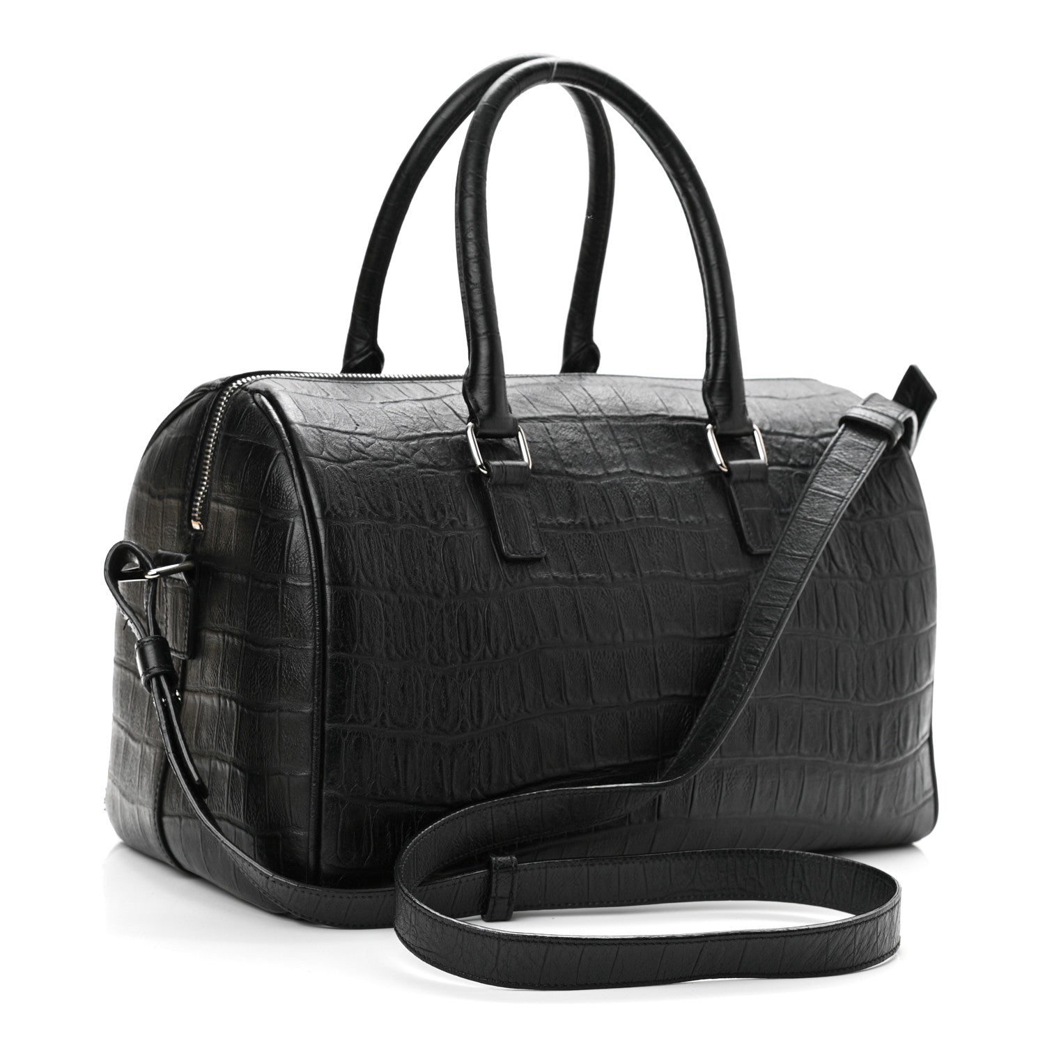 Saint Laurent Calfskin Crocodile Embossed Classic Duffle Bag Black 3 of 11