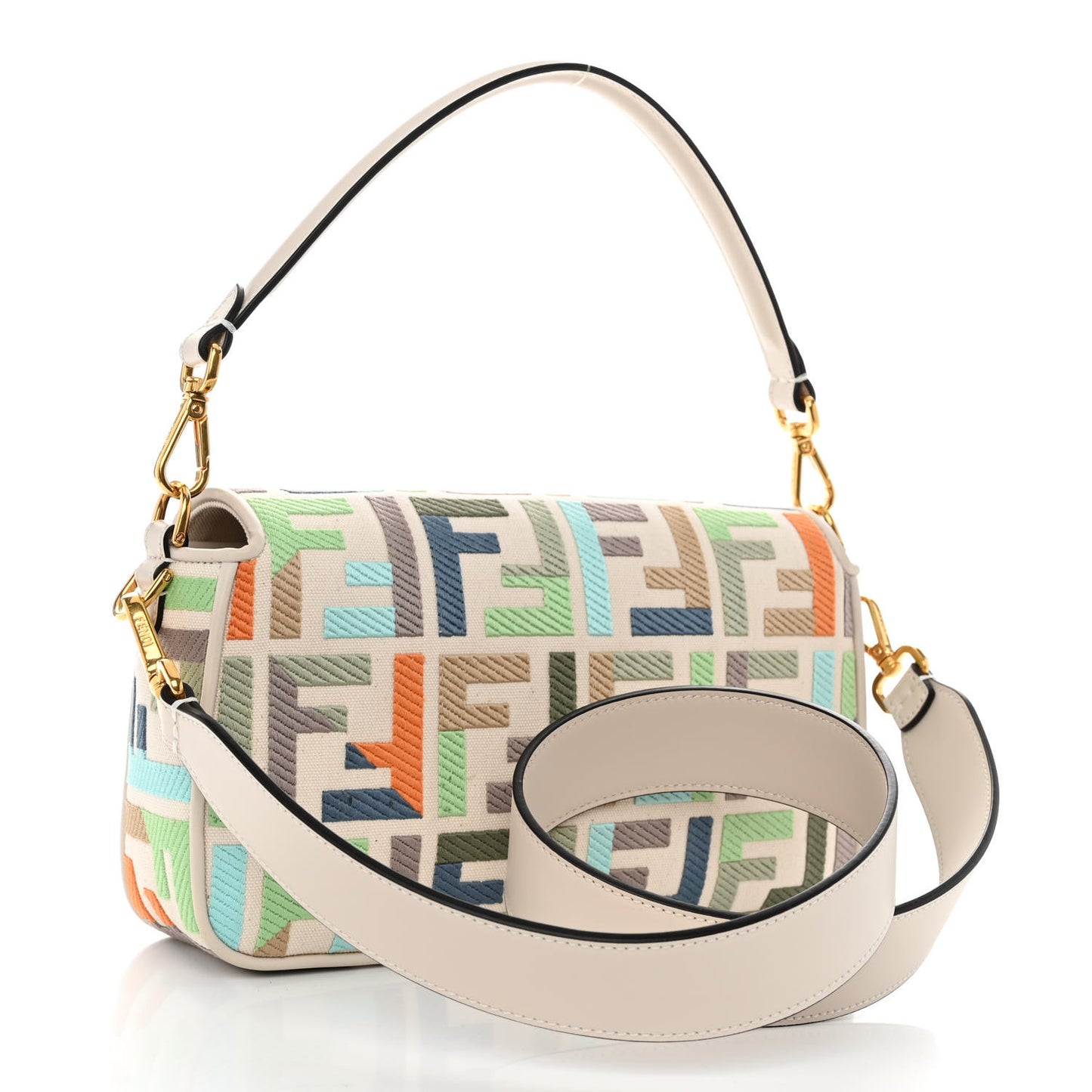 Canvas Vitello Seta FF Multicolor Embroidered Baguette Grezzo Multicolor Latte