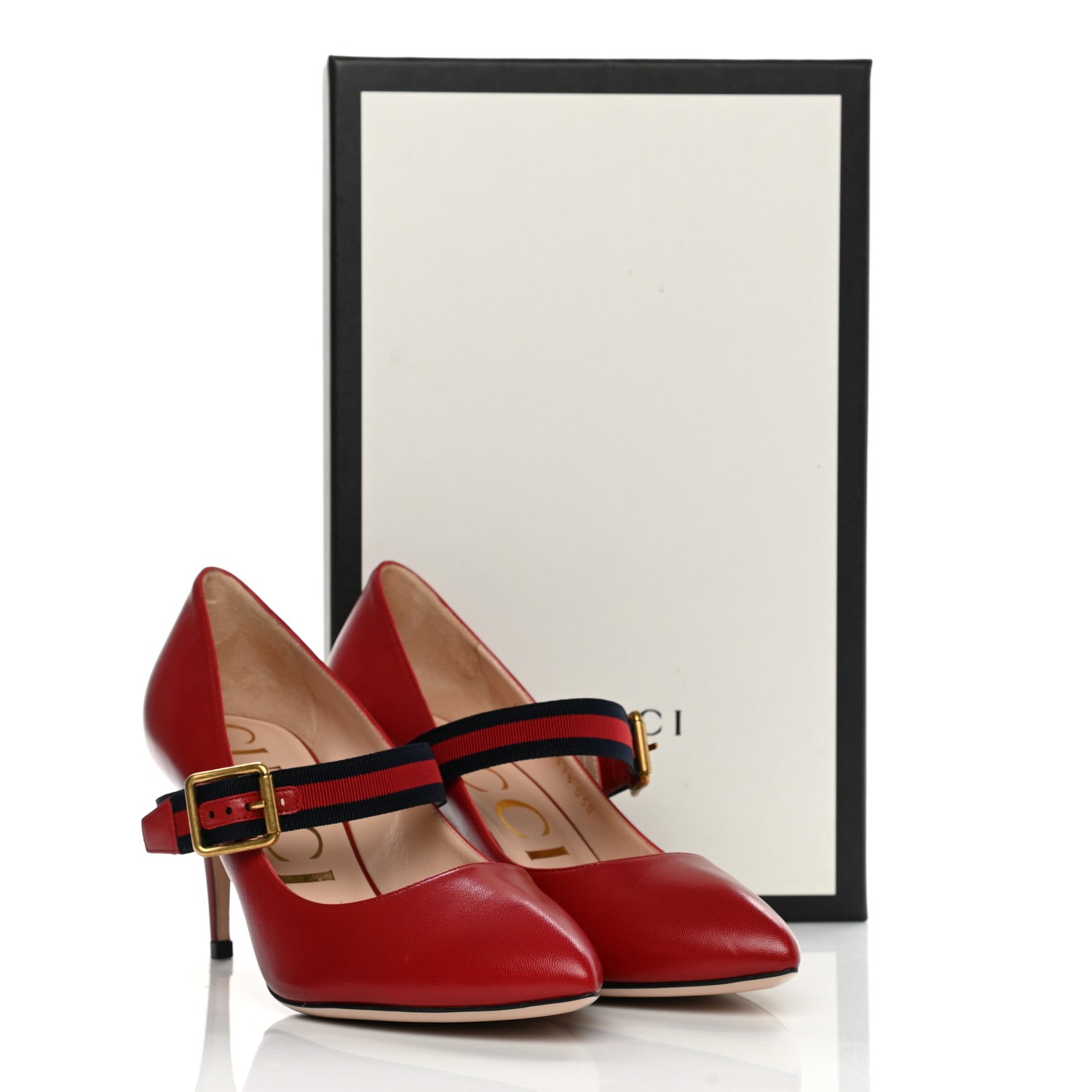 Gucci Malaga Kid Sylvie Web Mid Heel Pumps 37.5 Hibiscus Red 9 of 9