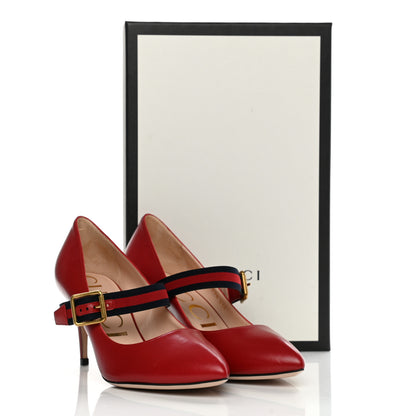 Gucci Malaga Kid Sylvie Web Mid Heel Pumps 37.5 Hibiscus Red 9 of 9