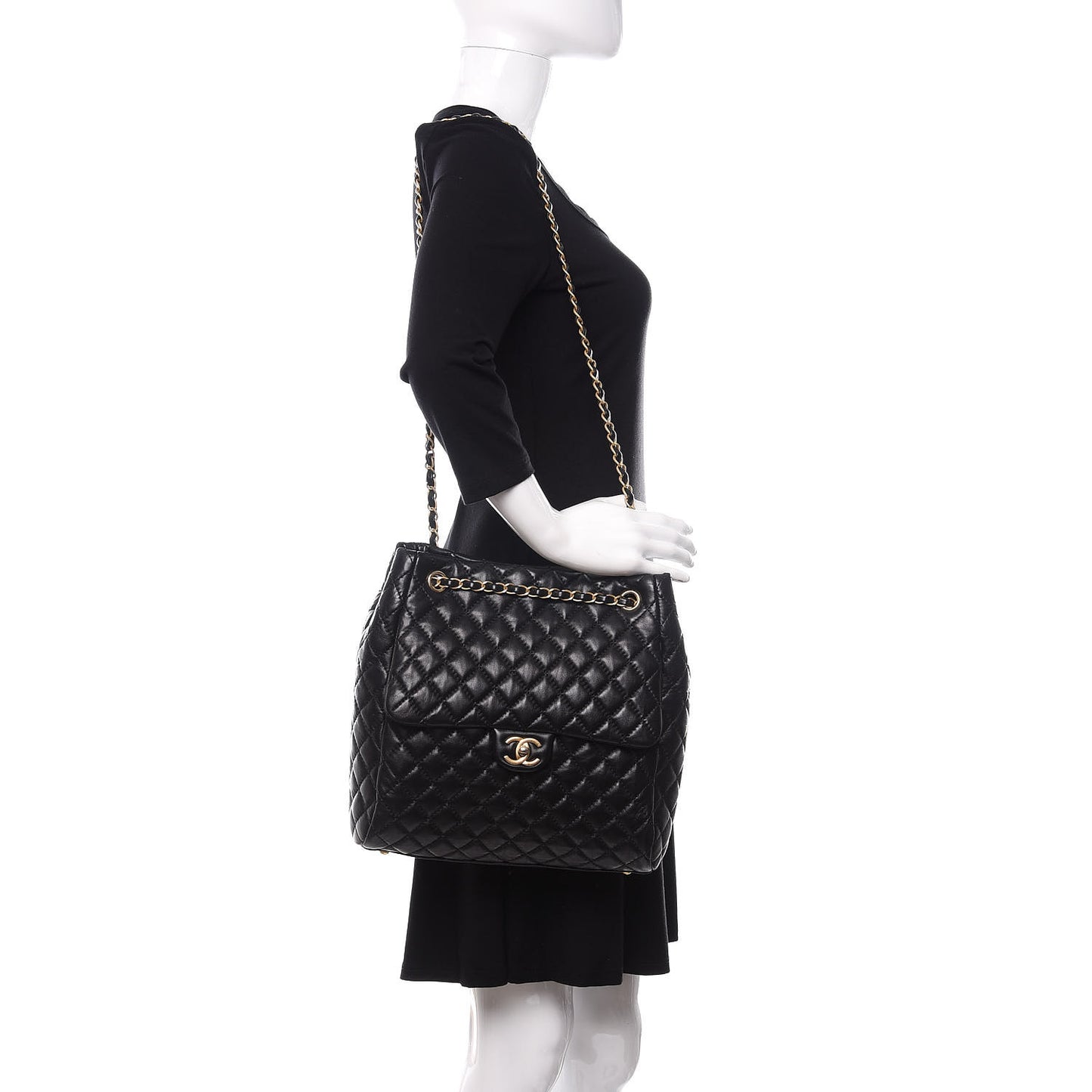 Lambskin Quilted Large Fluffy CC Shopping Tote Black