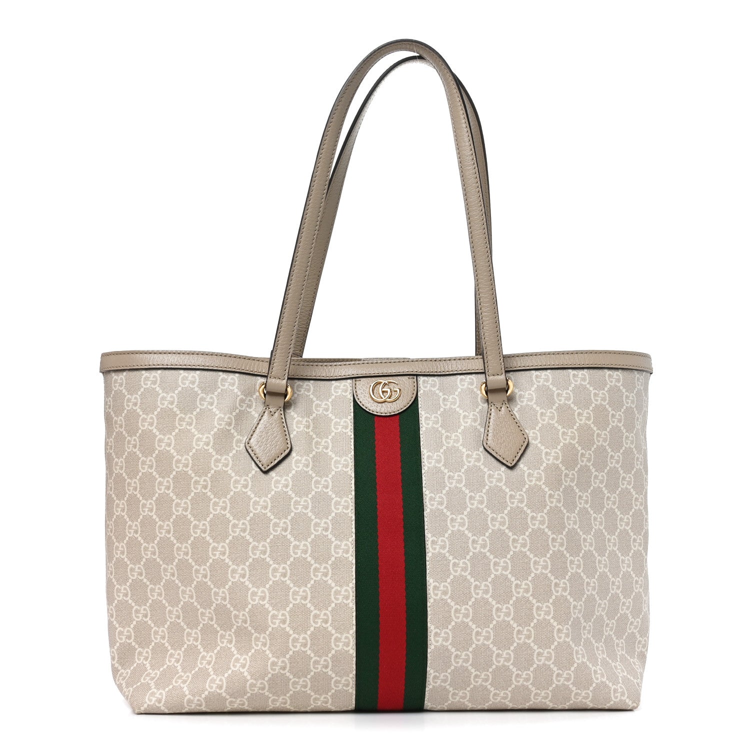 Gucci GG Supreme Monogram Textured Dollar Calfskin Web Large Ophidia Shopping Tote Beige Mystic White Oatmeal 1 of 10