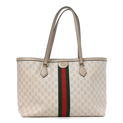 Gucci GG Supreme Monogram Textured Dollar Calfskin Web Large Ophidia Shopping Tote Beige Mystic White Oatmeal 1 of 10