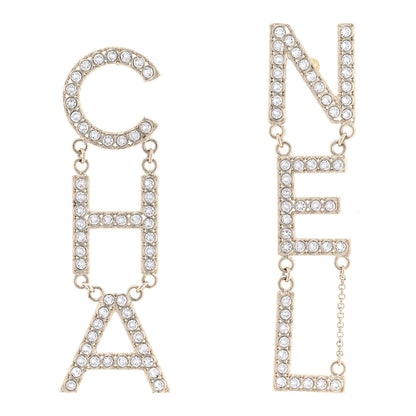 Chanel Crystal Cha-Nel Logo Drop Earrings Gold 1 of 5