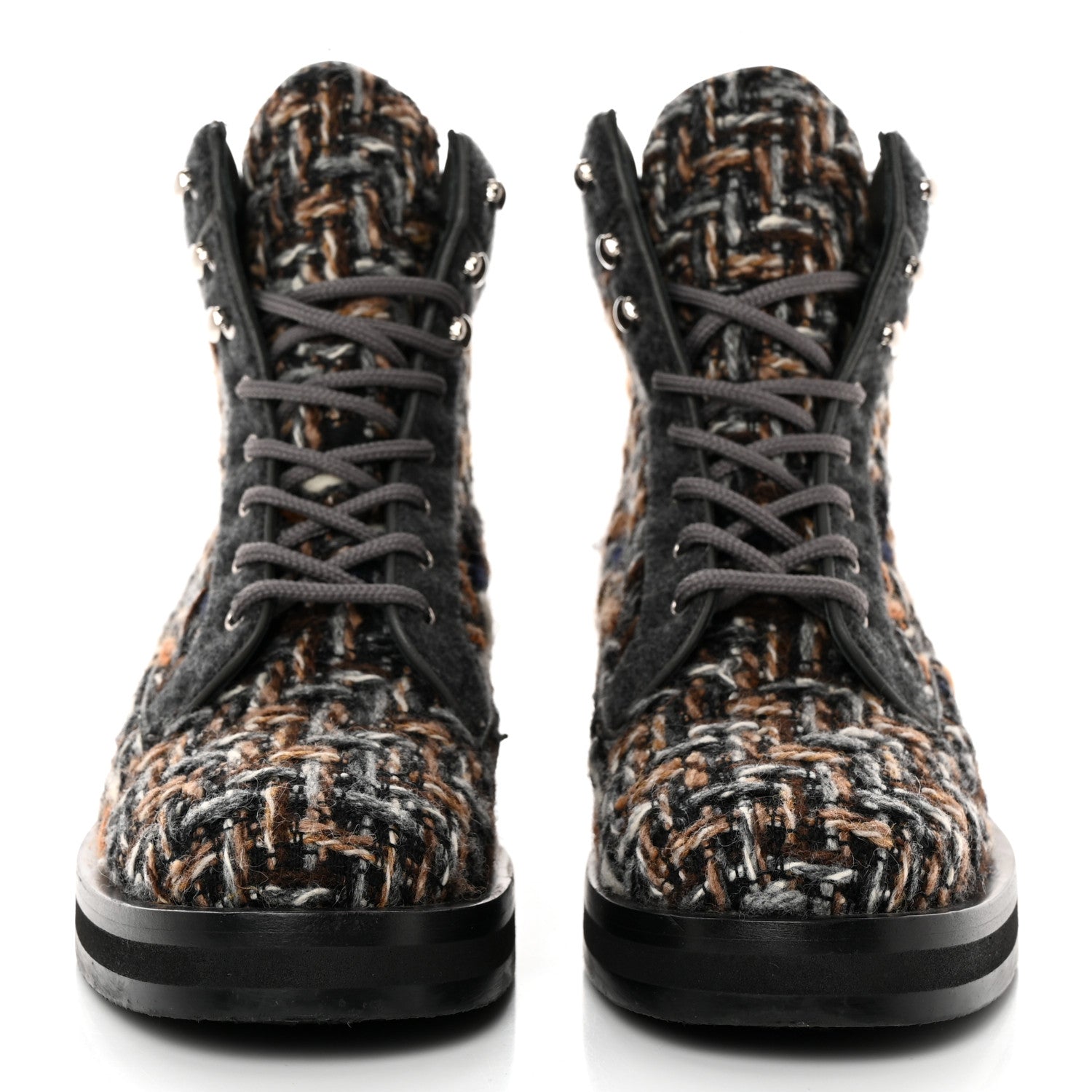 Chanel Tweed Lace Up Short Boots 38 Green Brown Black 2 of 11
