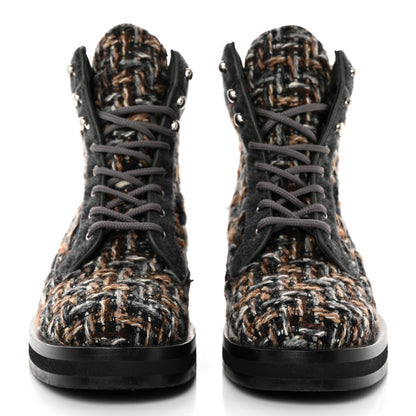 Chanel Tweed Lace Up Short Boots 38 Green Brown Black 2 of 11