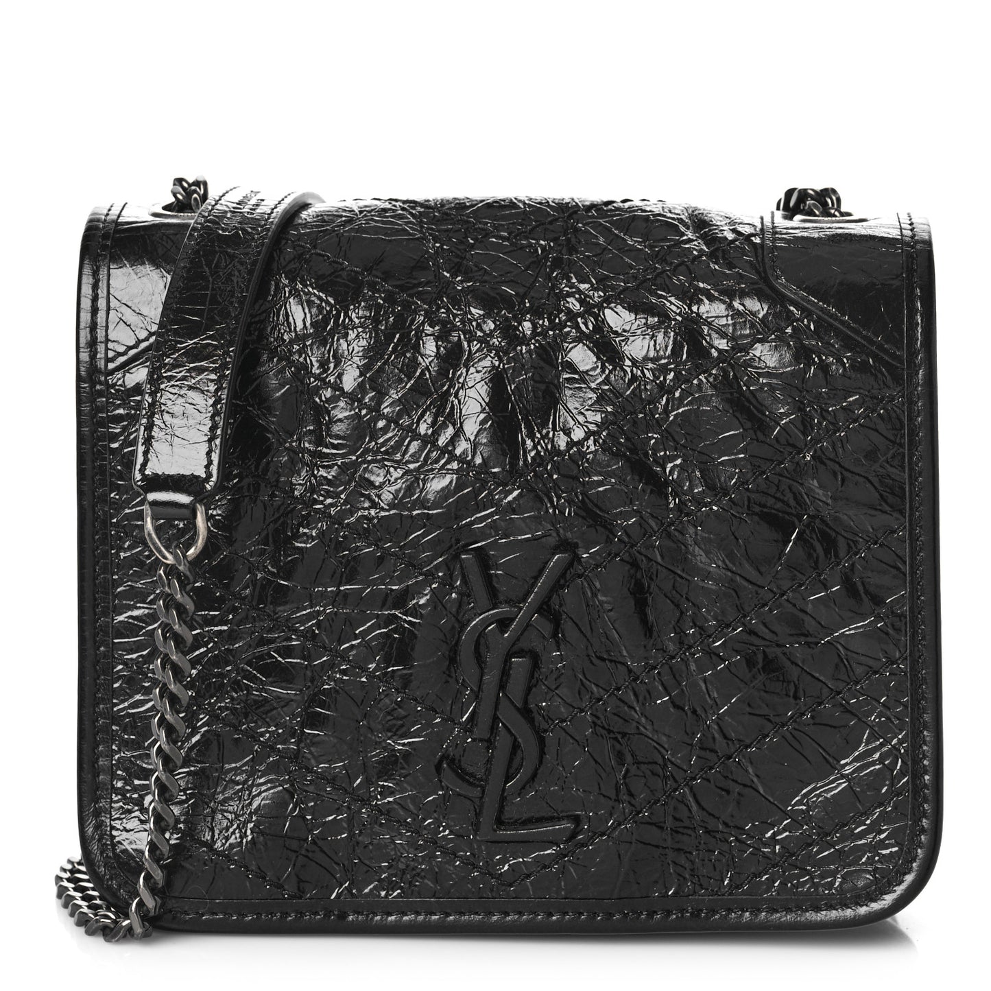 Crinkled Calfskin Matelasse Monogram Niki Chain Wallet Black