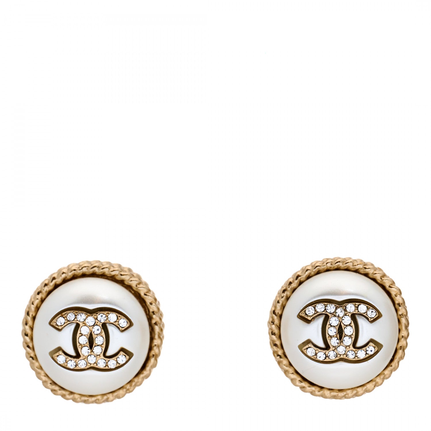 Chanel Pearl Crystal CC Round Earrings Light Gold 1 of 4