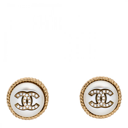 Chanel Pearl Crystal CC Round Earrings Light Gold 1 of 4