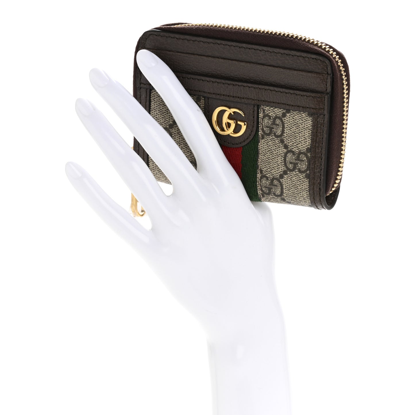GG Supreme Monogram Textured Dollar Calfskin Web Ophidia Zip Around Card Case Wallet Beige Ebony New Acero