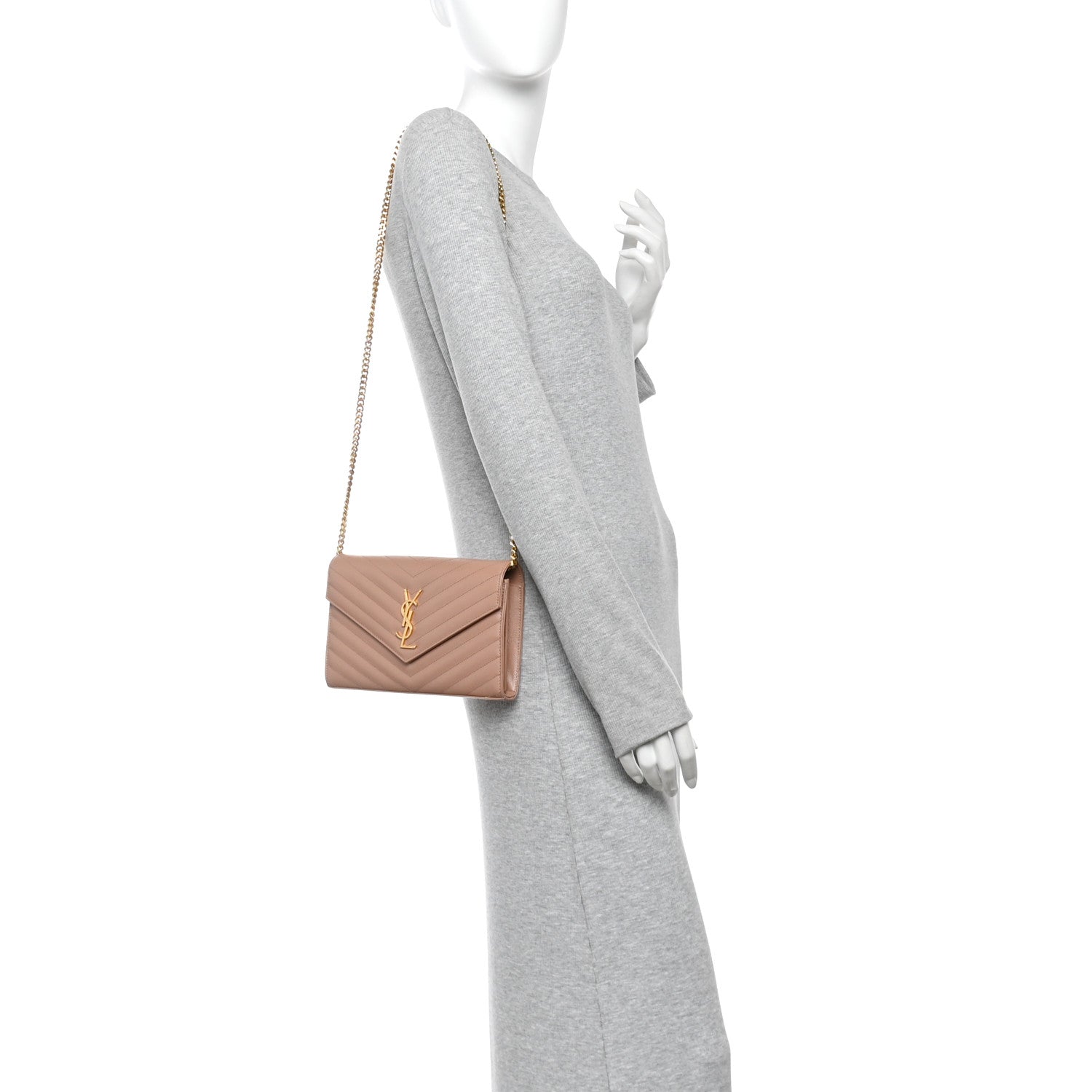 Saint Laurent Grain De Poudre Matelasse Chevron Monogram Chain Wallet Vintage Peach 2 of 9