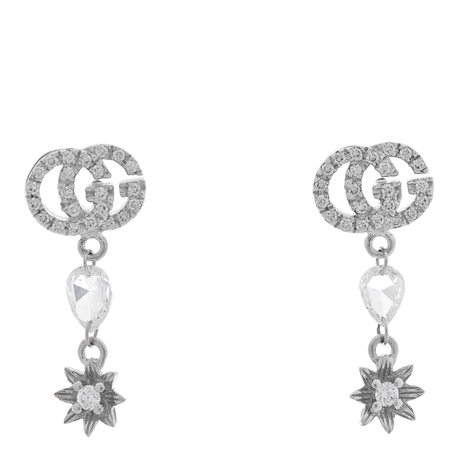 Gucci 18K White Gold Diamond Double G Flower Drop Earrings 1 of 6