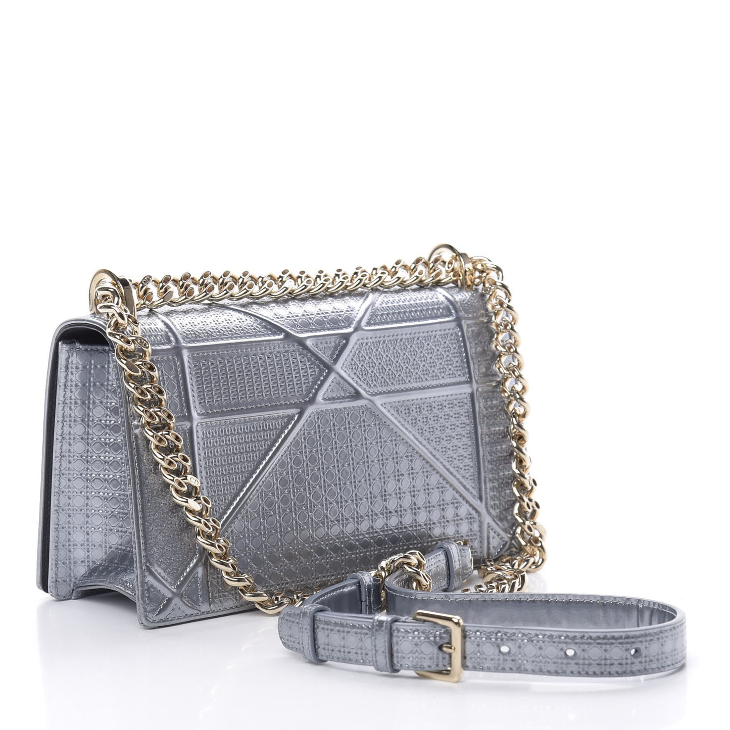 Metallic Patent Micro-Cannage Small Diorama Flap Bag Silver