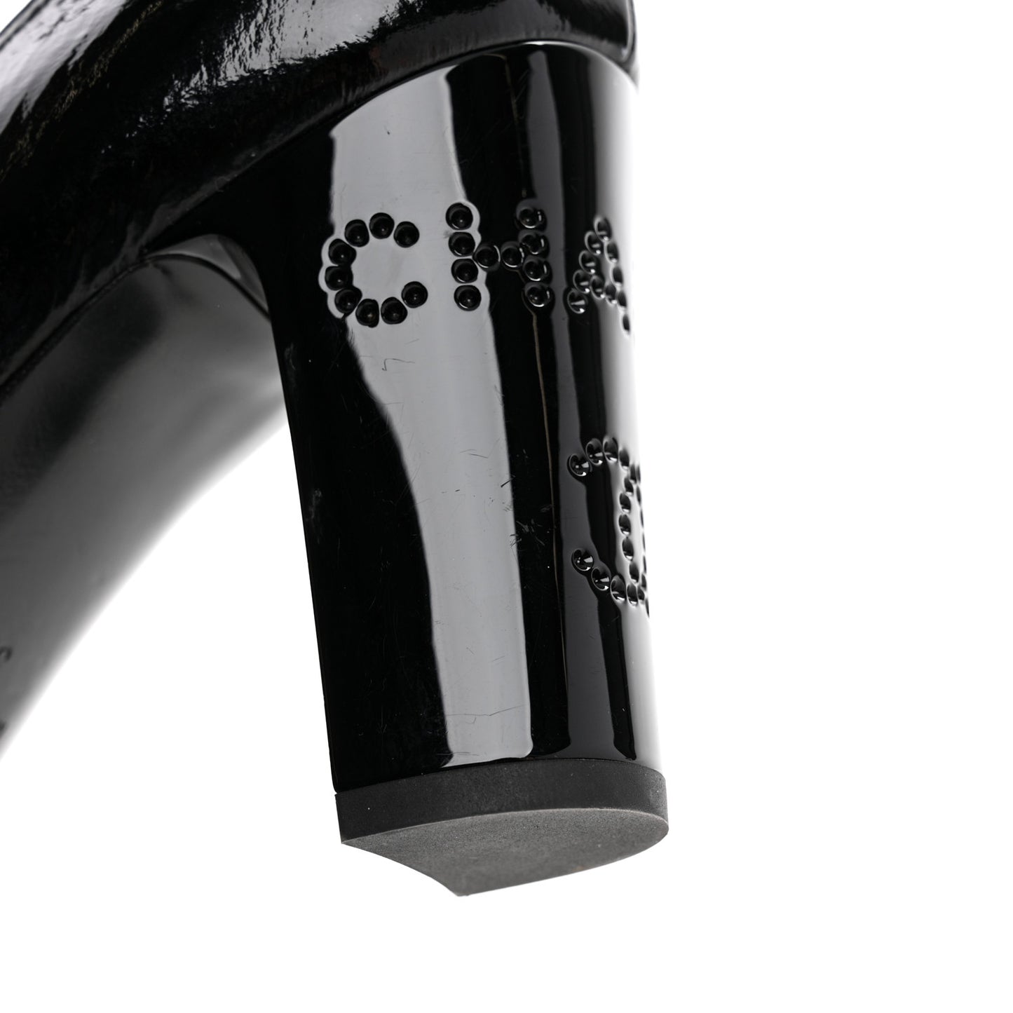 Patent Calfskin Crystal Cap Toe Logo Pumps 38 Black