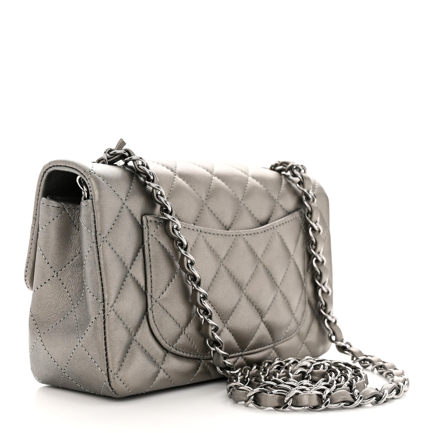 Metallic Calfskin Quilted Mini Rectangular Flap Ruthenium