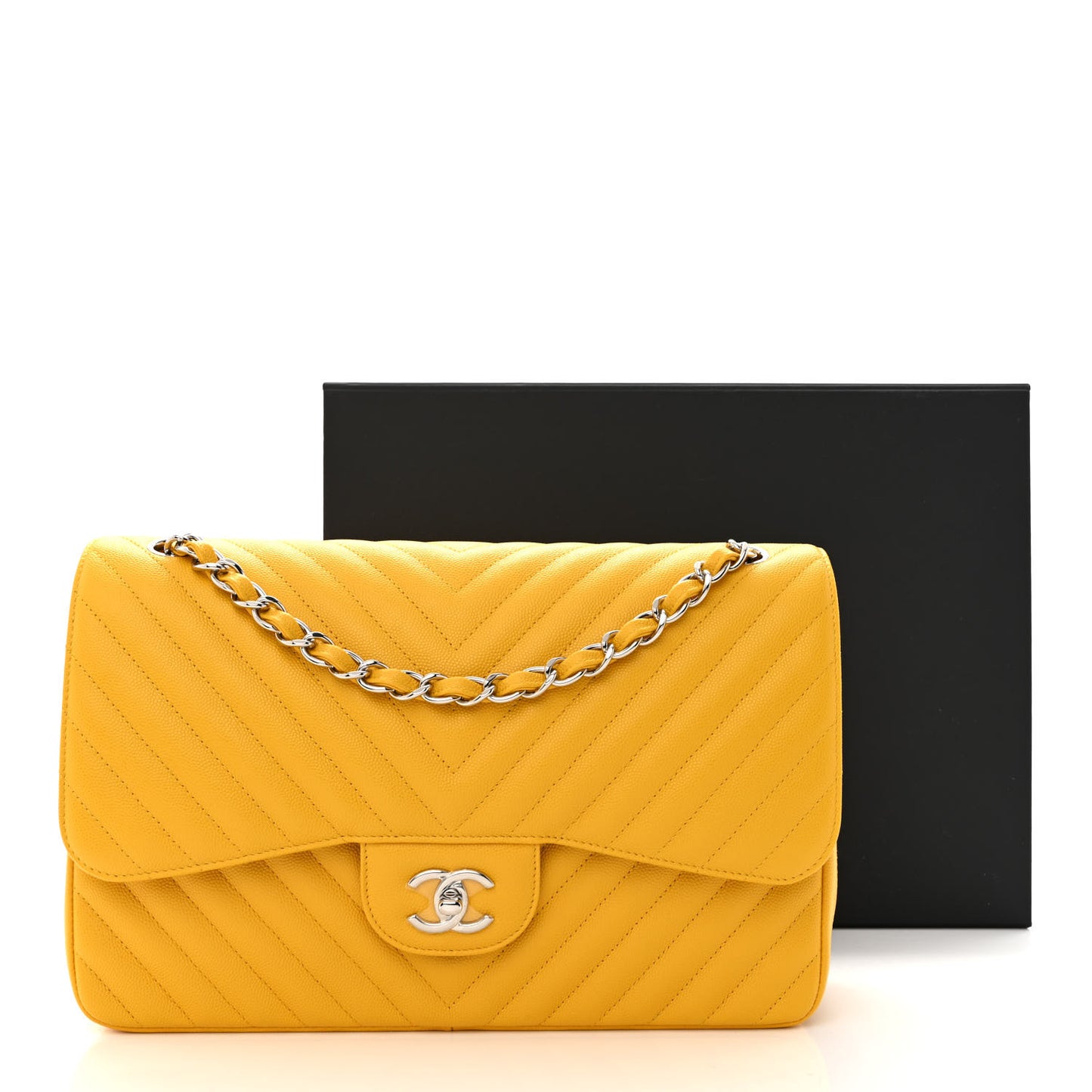 Caviar Chevron Quilted Jumbo Double Flap Yellow