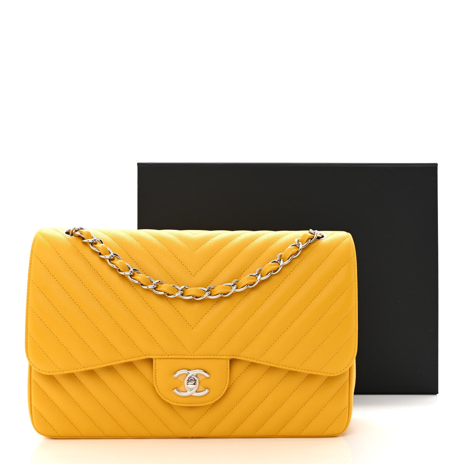Chanel Caviar Chevron Quilted Jumbo Double Flap Yellow 11 of 11