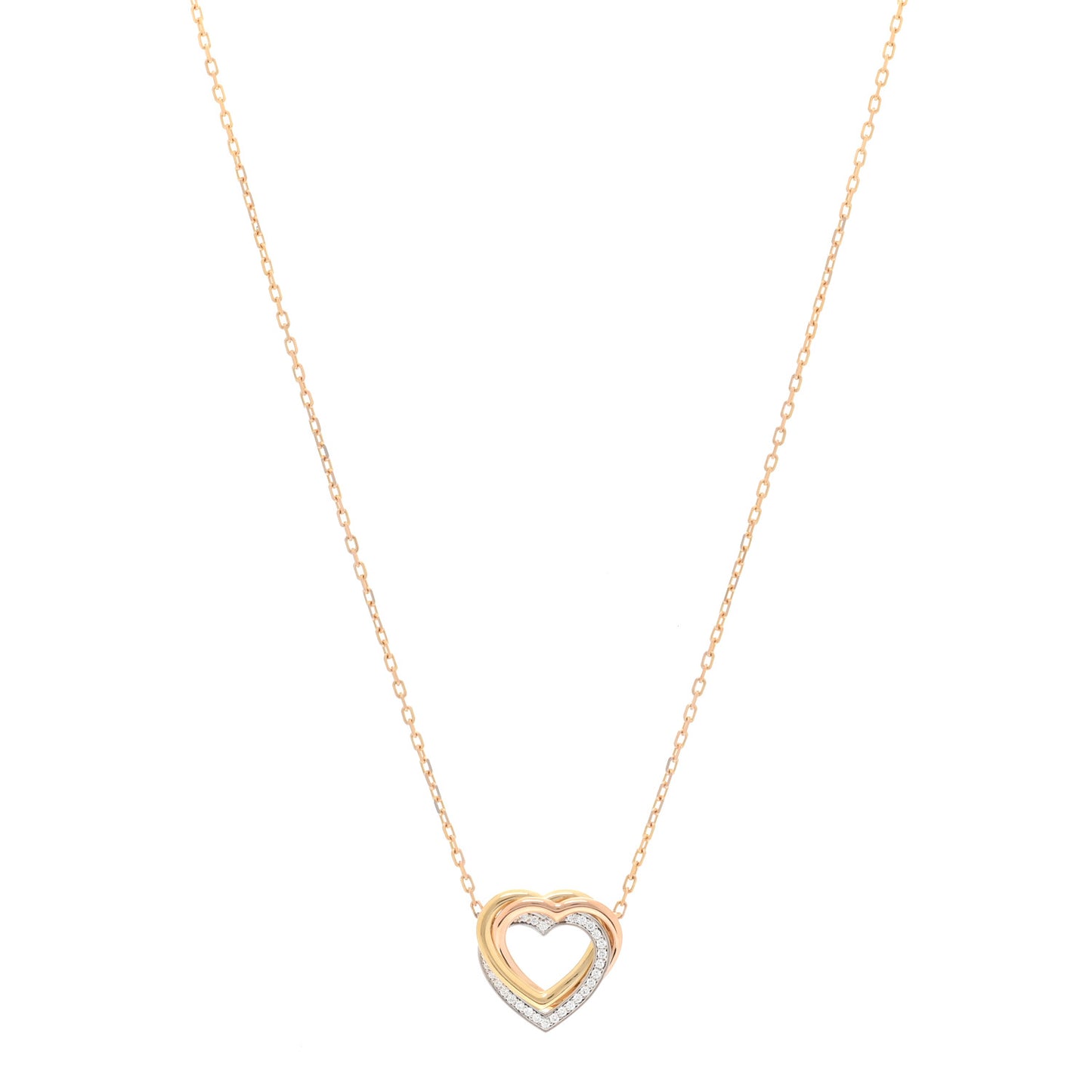 18K Pink Yellow White Gold Diamond Trinity Heart Paved Pendant Necklace