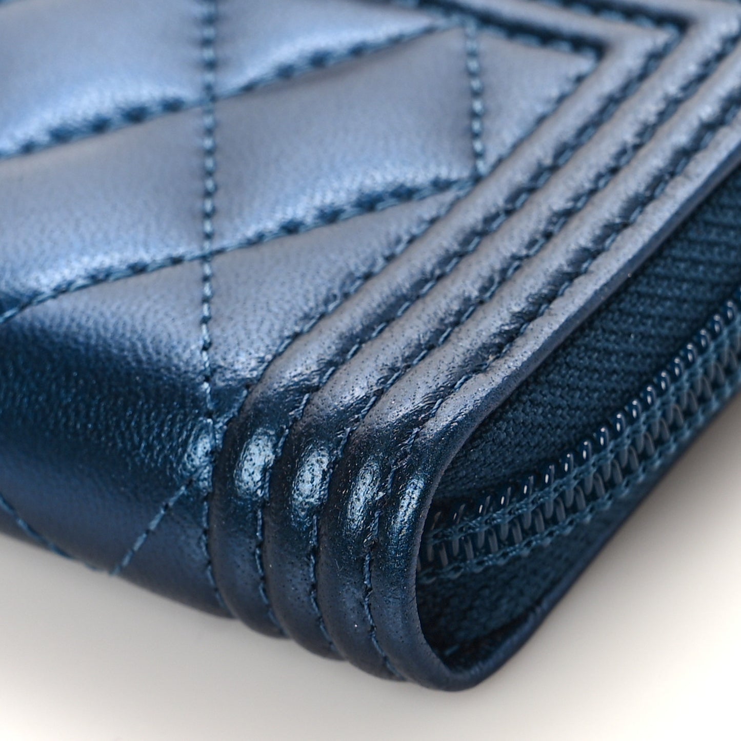 Metallic Lambskin Quilted Boy Zip Around Coin Purse Wallet Blue