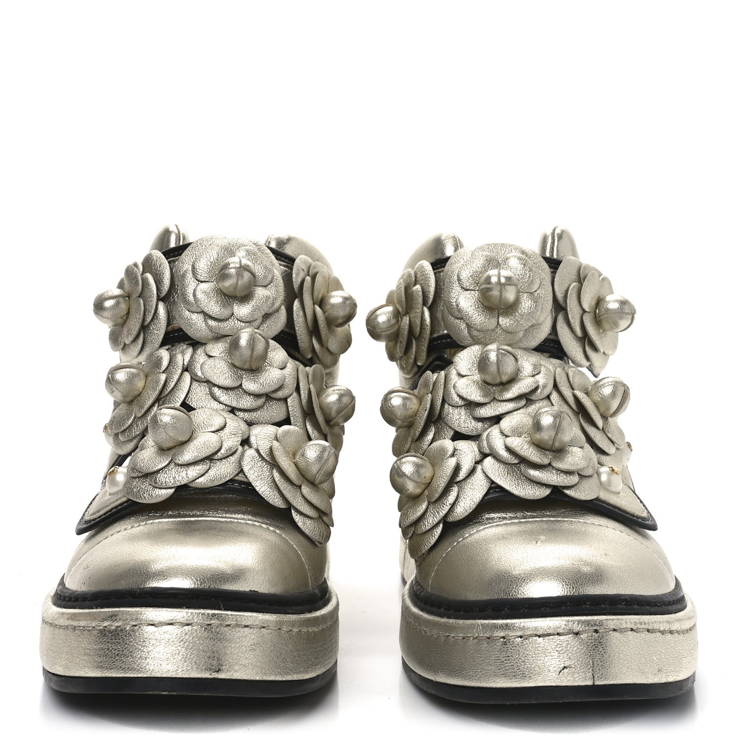Metallic Lambskin Camellia High Top Sneakers 39.5 Gold