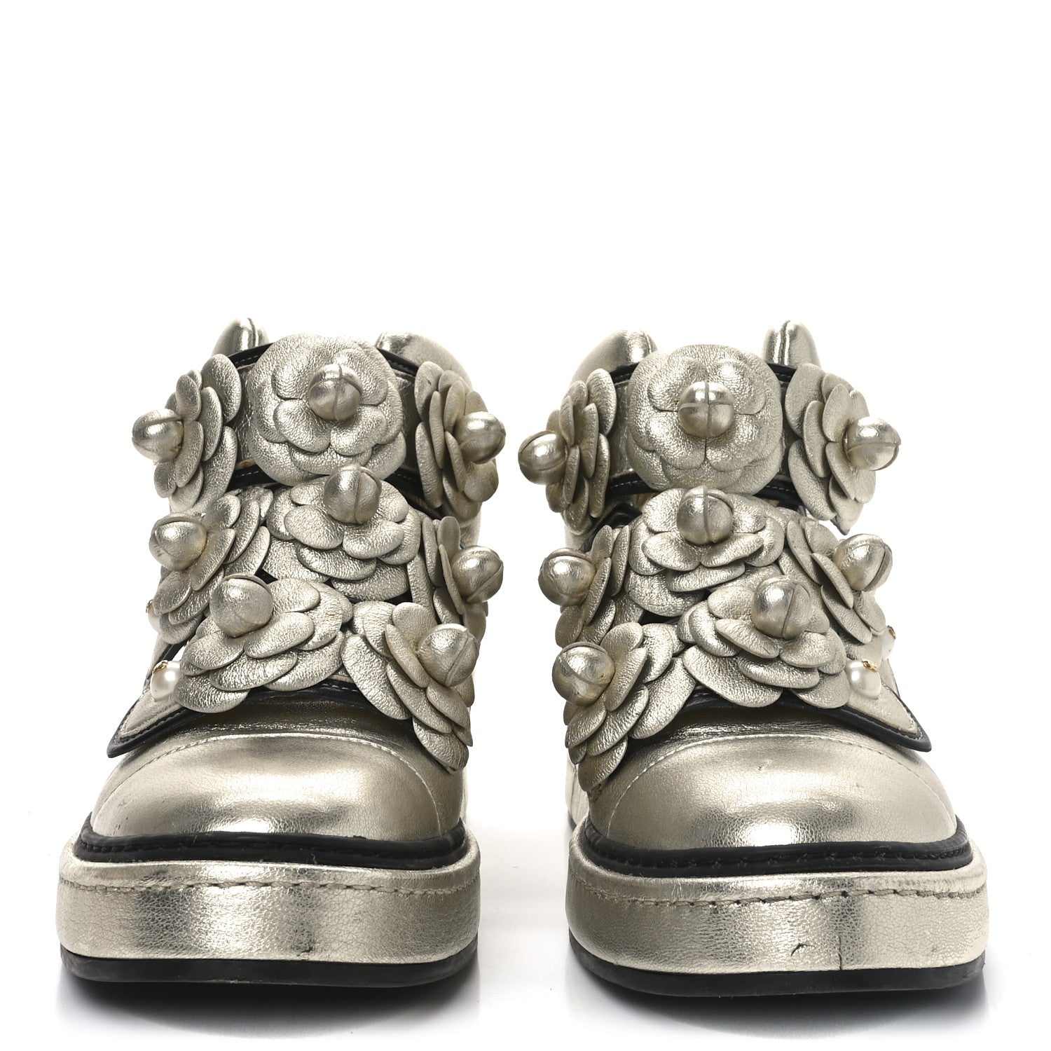 Chanel Metallic Lambskin Camellia High Top Sneakers 39.5 Gold 3 of 9