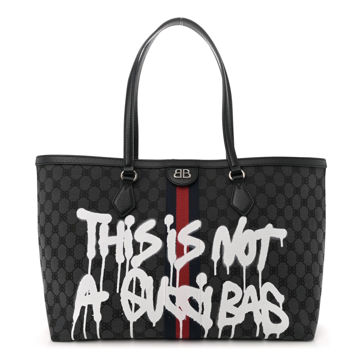 X BALENCIAGA BB Monogram Web Graffiti Medium Ophidia Shopping Tote Black
