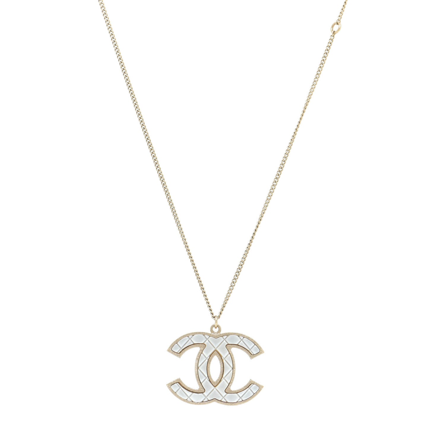 Metal Quilted CC Pendant Necklace Gold White