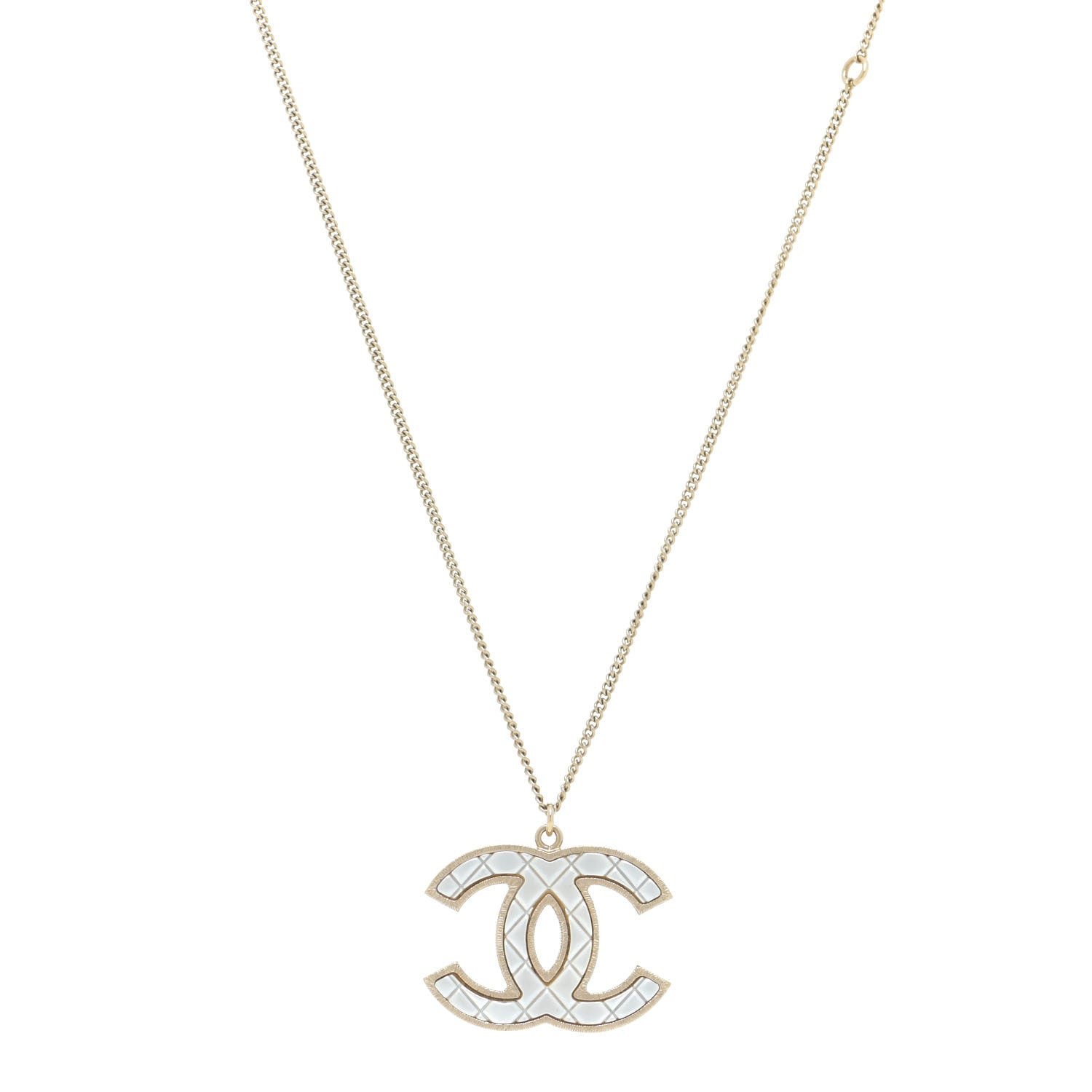 Chanel Metal Quilted CC Pendant Necklace Gold White 1 of 7