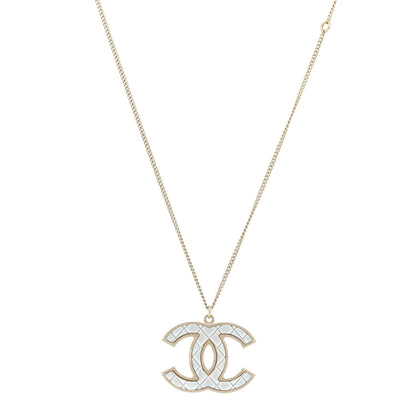 Chanel Metal Quilted CC Pendant Necklace Gold White 1 of 7