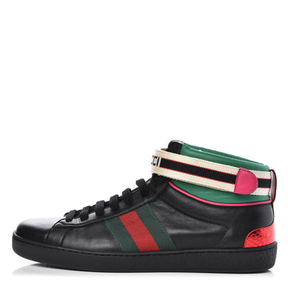 Gucci Calfskin Ayers Web Mens New Ace Stripe High Top Sneakers 7 Black 1 of 10