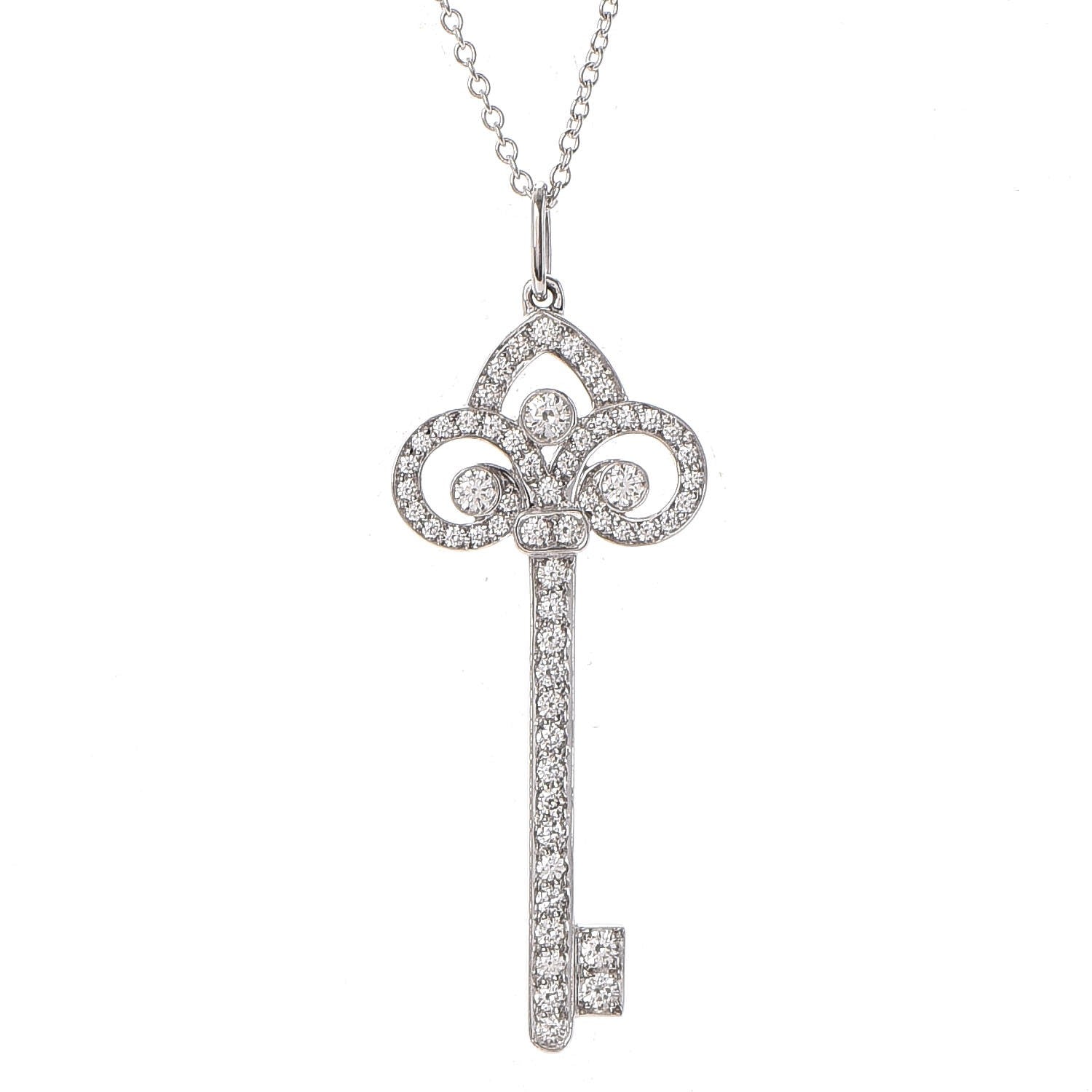 Tiffany Platinum Diamond .41ct Fleur De Lis Key Pendant Necklace 4 of 8
