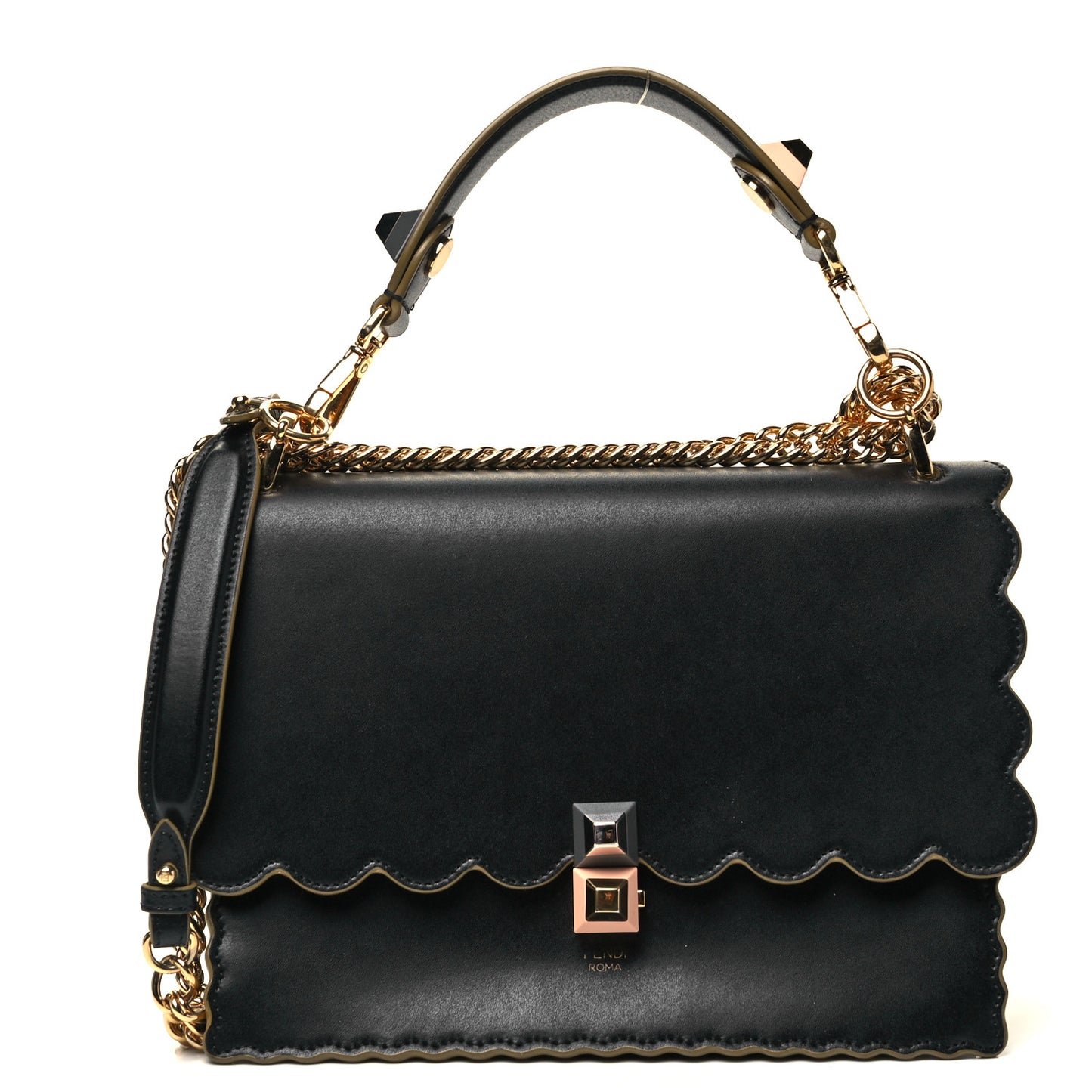 Vitello Liberty Scalloped Studded Kan I Shoulder Bag Black
