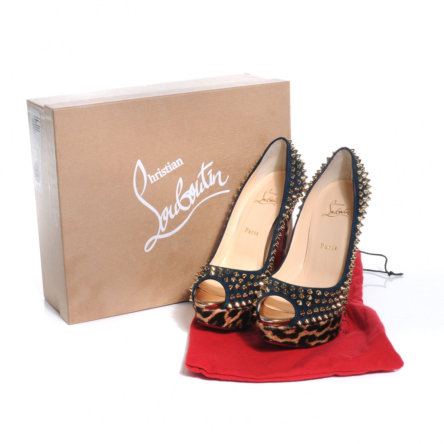 Christian Louboutin Veau Velours Calf Hair Leopard Lady Peep Spikes VIP 150 Pumps 38.5 Blue Khol Bronze 2 of 10