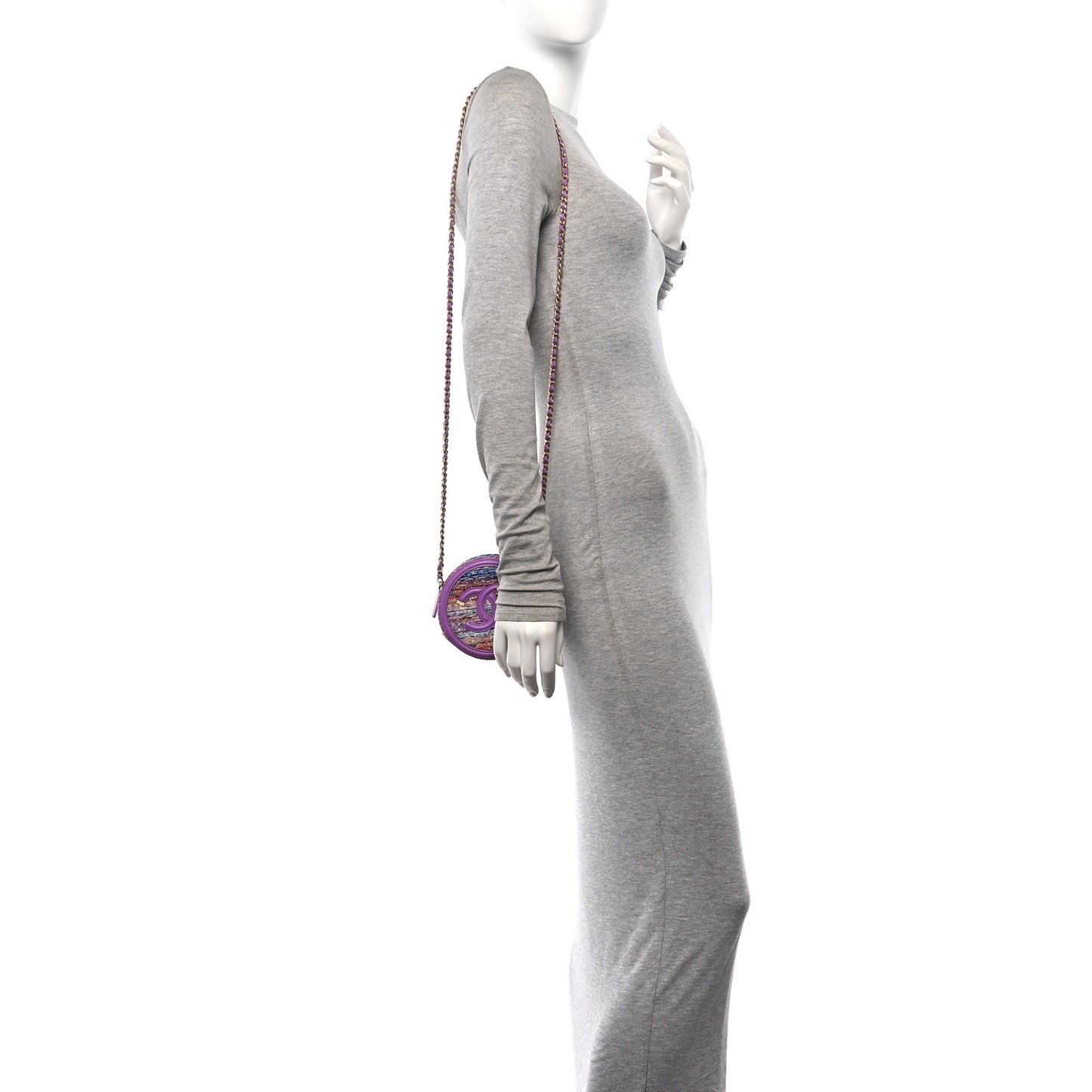 Tweed Quilted Round Filigree Clutch With Chain Purple Multicolor