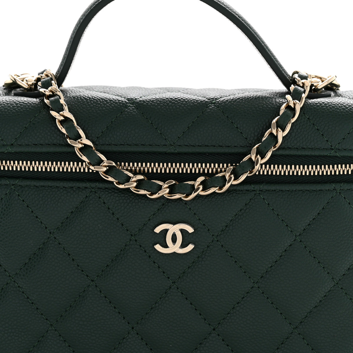Caviar Quilted Top Handle Slim Vanity With Chain Dark Green