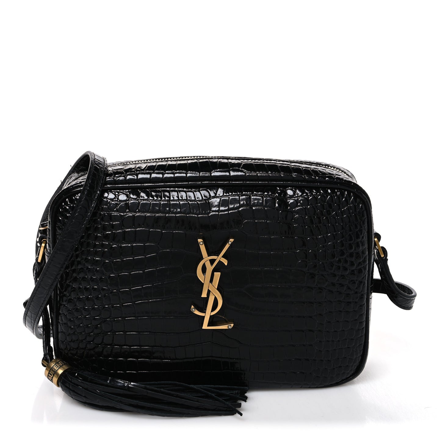 Patent Calfskin Crocodile Embossed Monogram Lou Camera Bag Black
