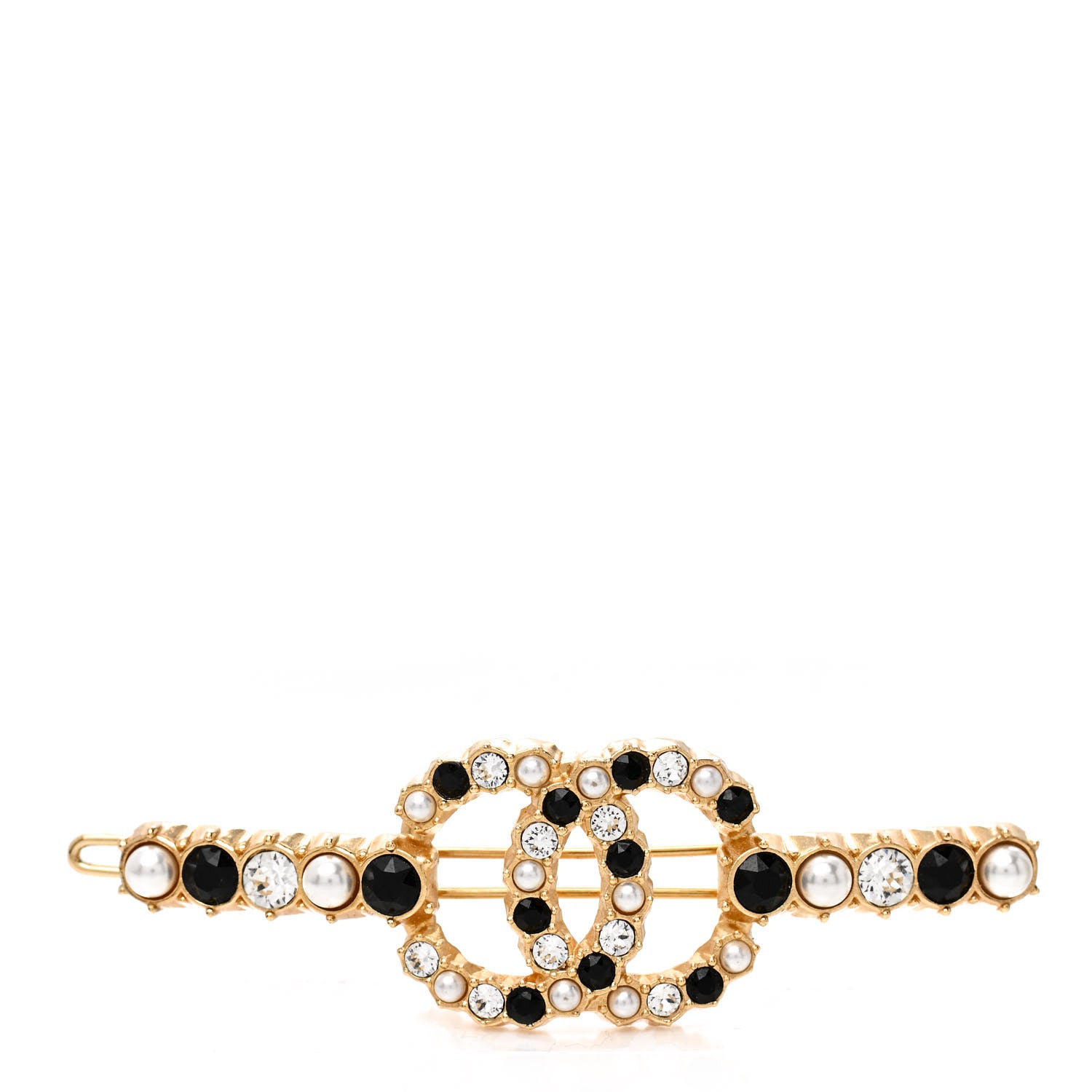 Chanel Pearl Crystal CC Hair Clip Barrette Gold Black Pearly White 1 of 3