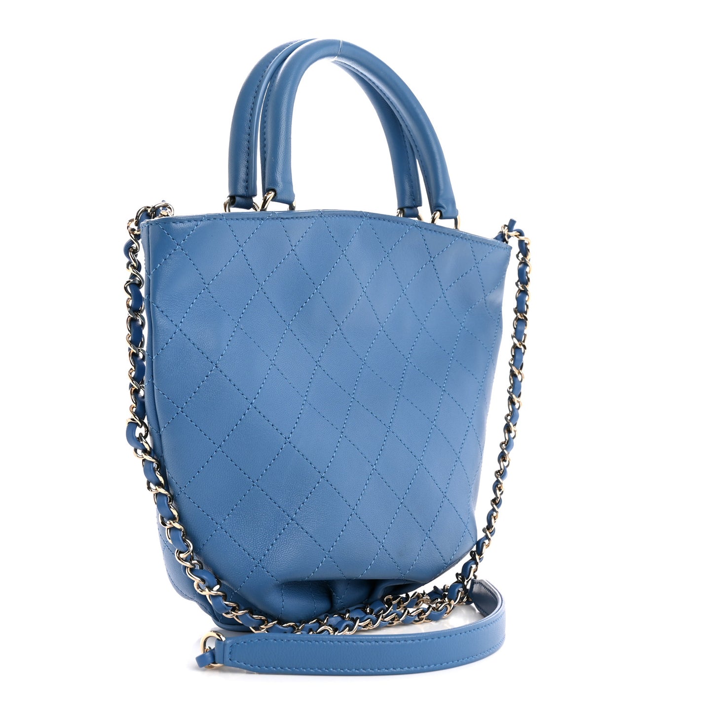 Calfskin Stitched Chain Top Handle Bucket Bag Blue