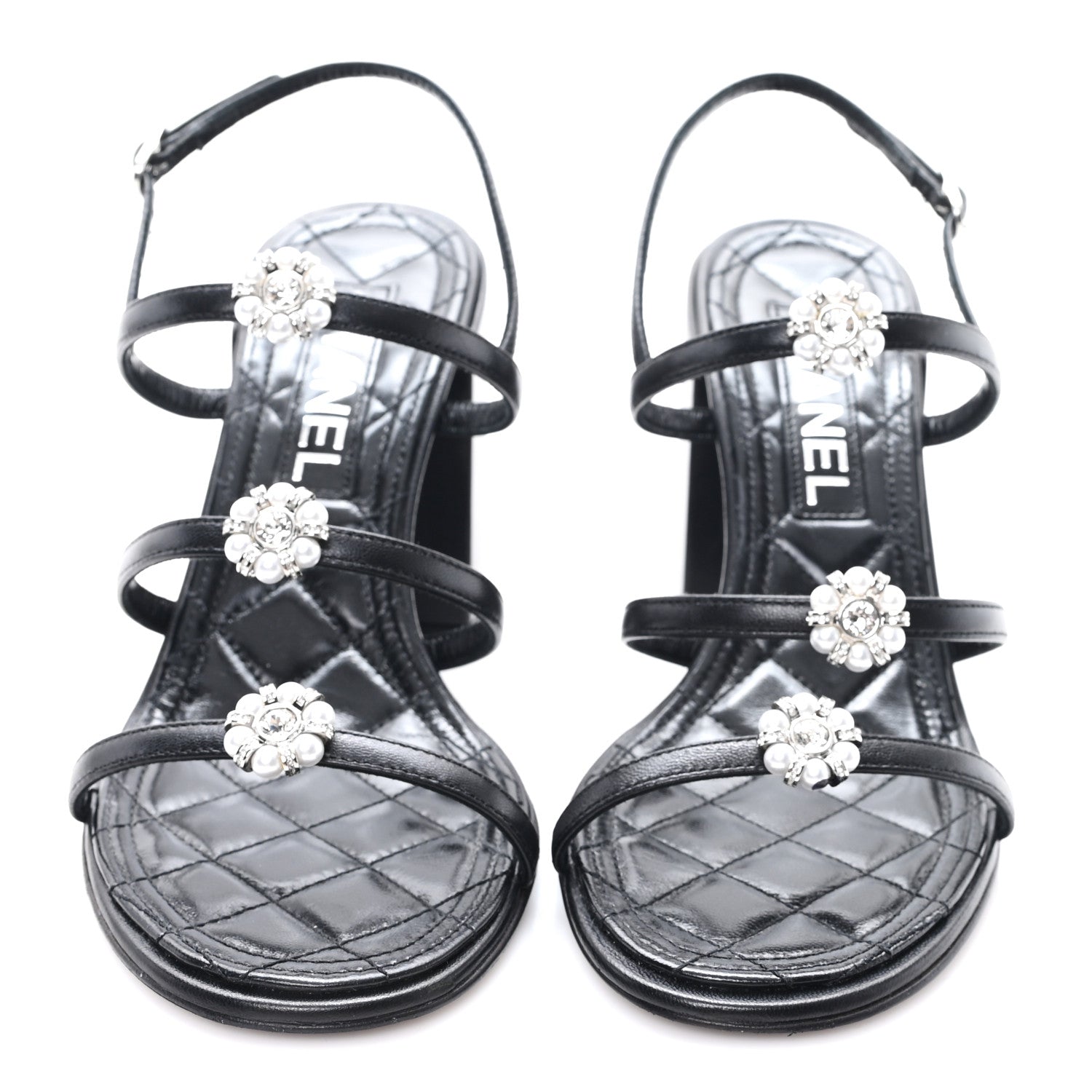 Chanel Laminated Lambskin Pearl CC Sandals 37.5 Black 3 of 9