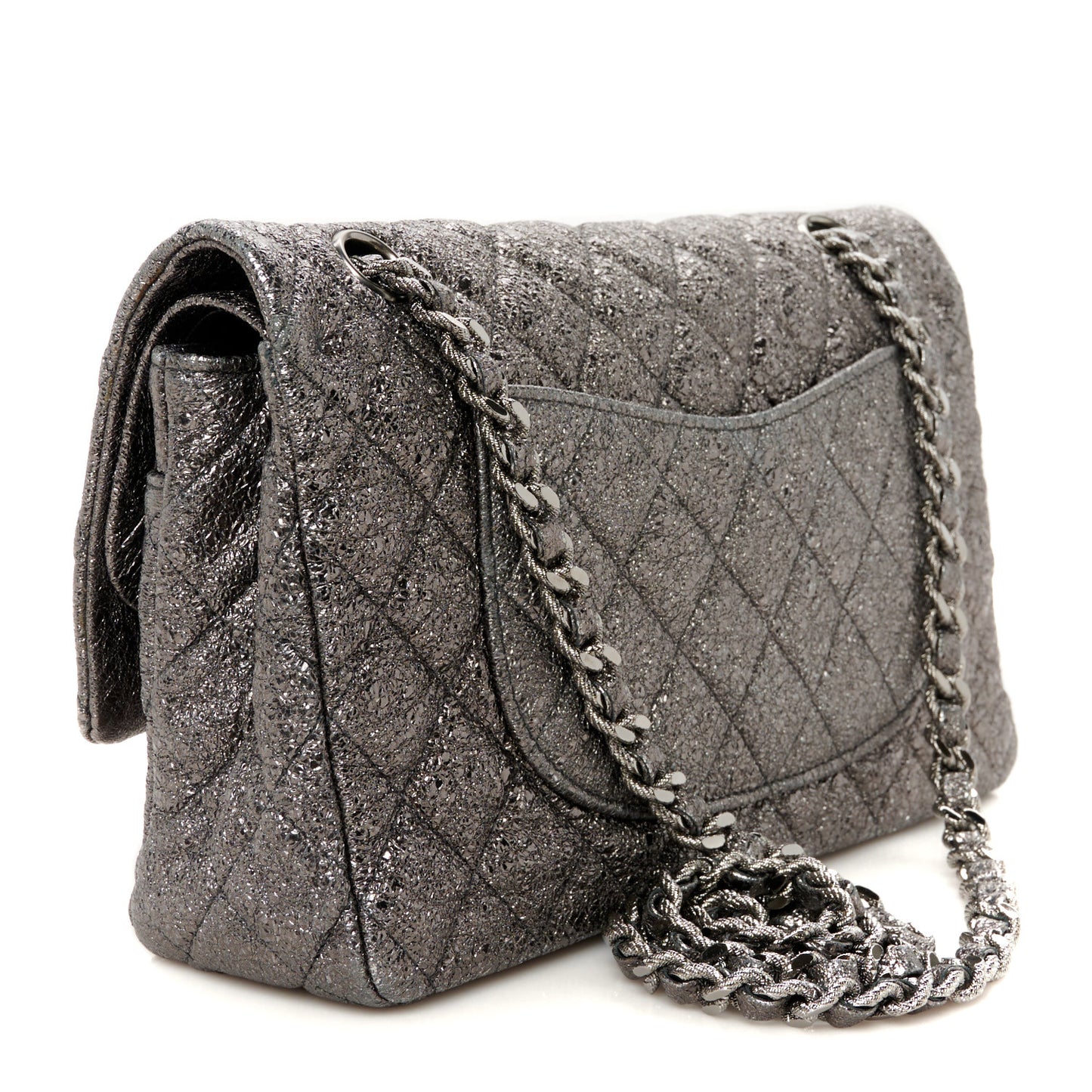 Metallic Crackled Calfskin Medium Double Flap Dark Silver