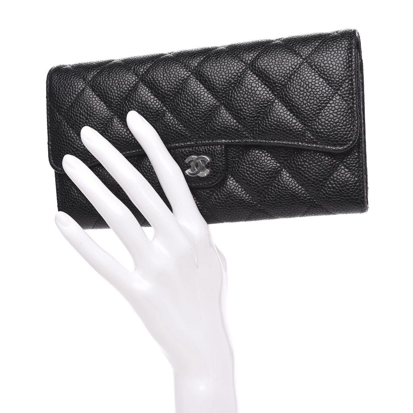 Caviar Quilted Large Gusset Flap Wallet Black