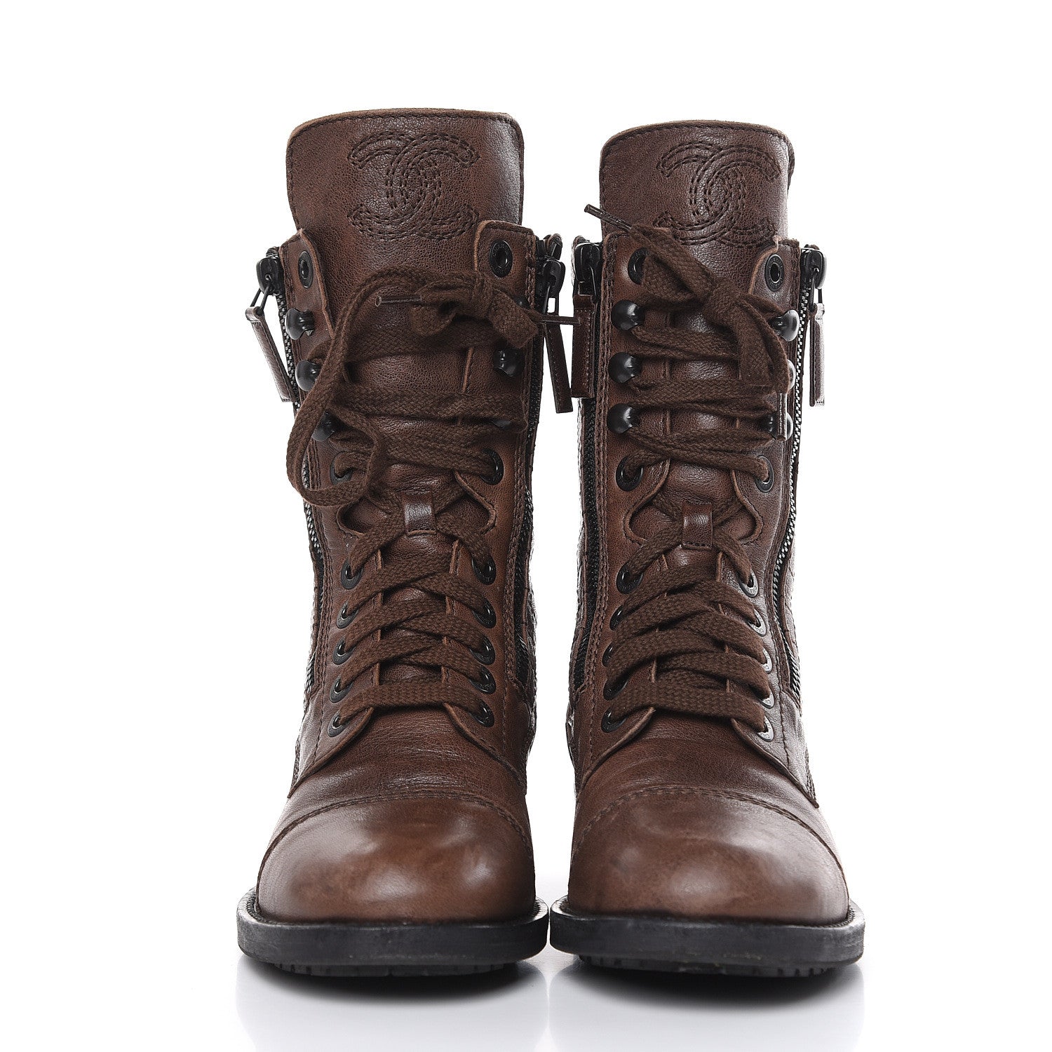 Chanel Sheepskin Quilted CC Tall Lace Up Combat Boots 36 Dark Brown 2 of 14