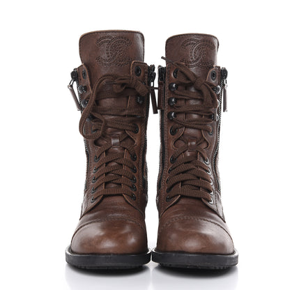 Chanel Sheepskin Quilted CC Tall Lace Up Combat Boots 36 Dark Brown 2 of 14