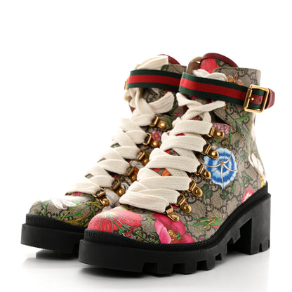 Gucci GG Supreme Monogram Flora Lace Up Combat Ankle Boots 37 Beige Multicolor Red 3 of 9